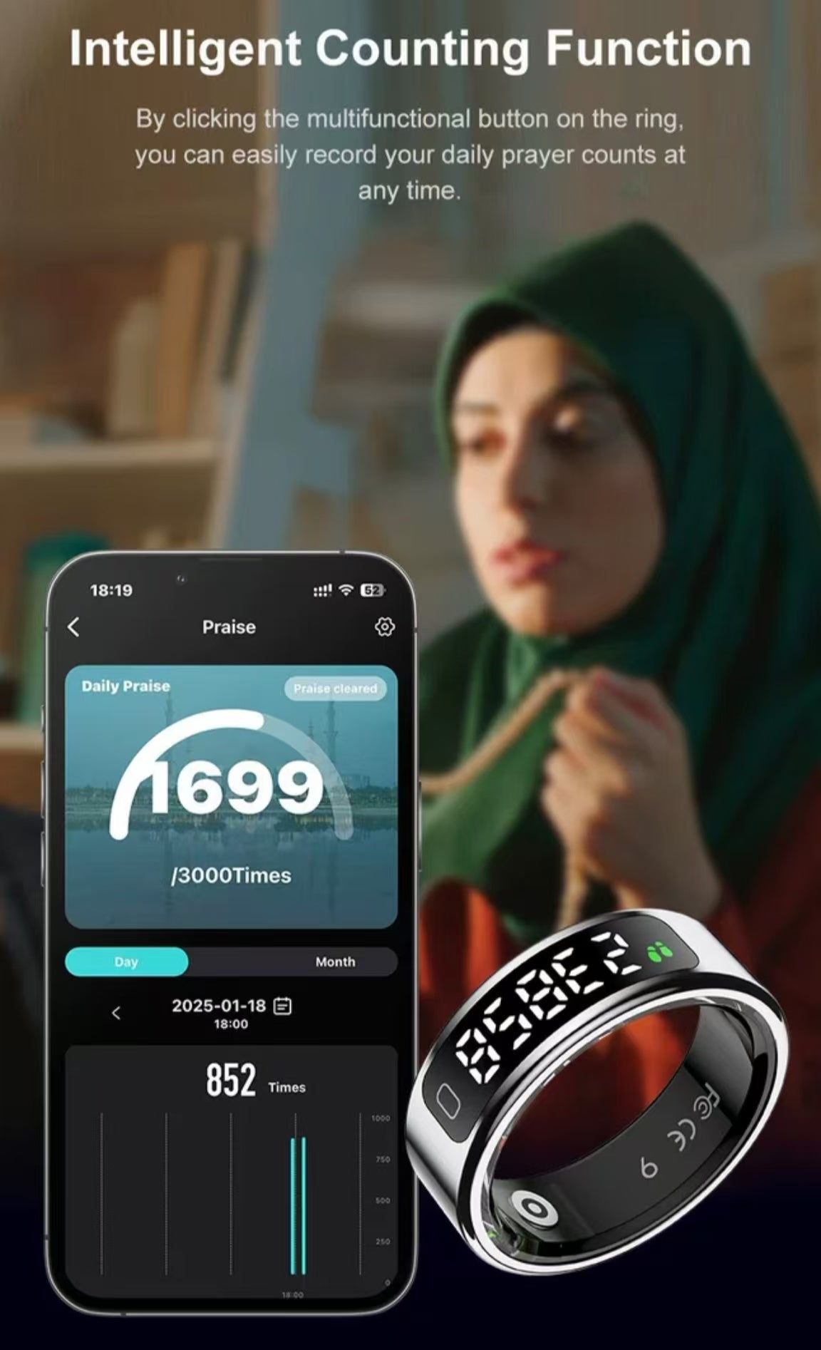 R11C Smart Ring: with Display Screen, Heart Rate, Blood Oxygen & Sleep Monitoring, Step and Calorie Tracking, Touch Control for Sports.