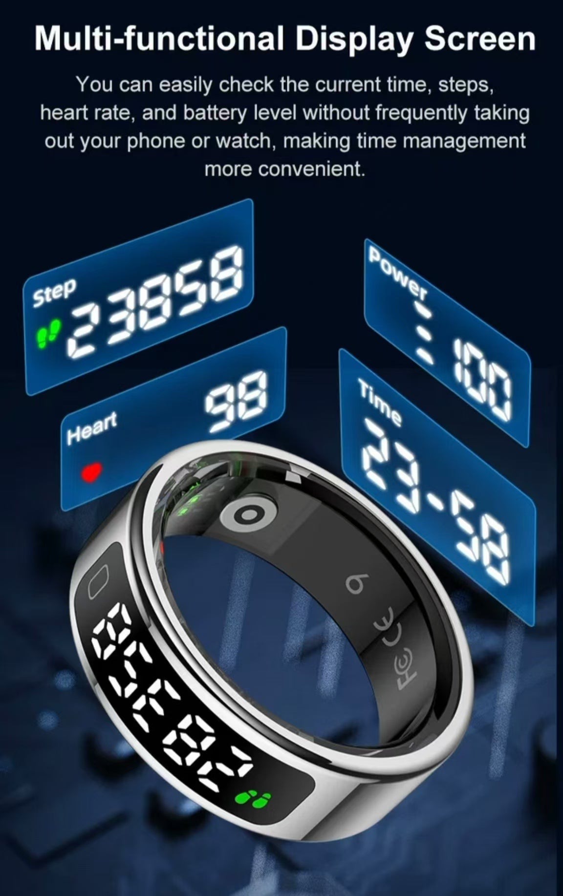 R11C Smart Ring: with Display Screen, Heart Rate, Blood Oxygen & Sleep Monitoring, Step and Calorie Tracking, Touch Control for Sports.