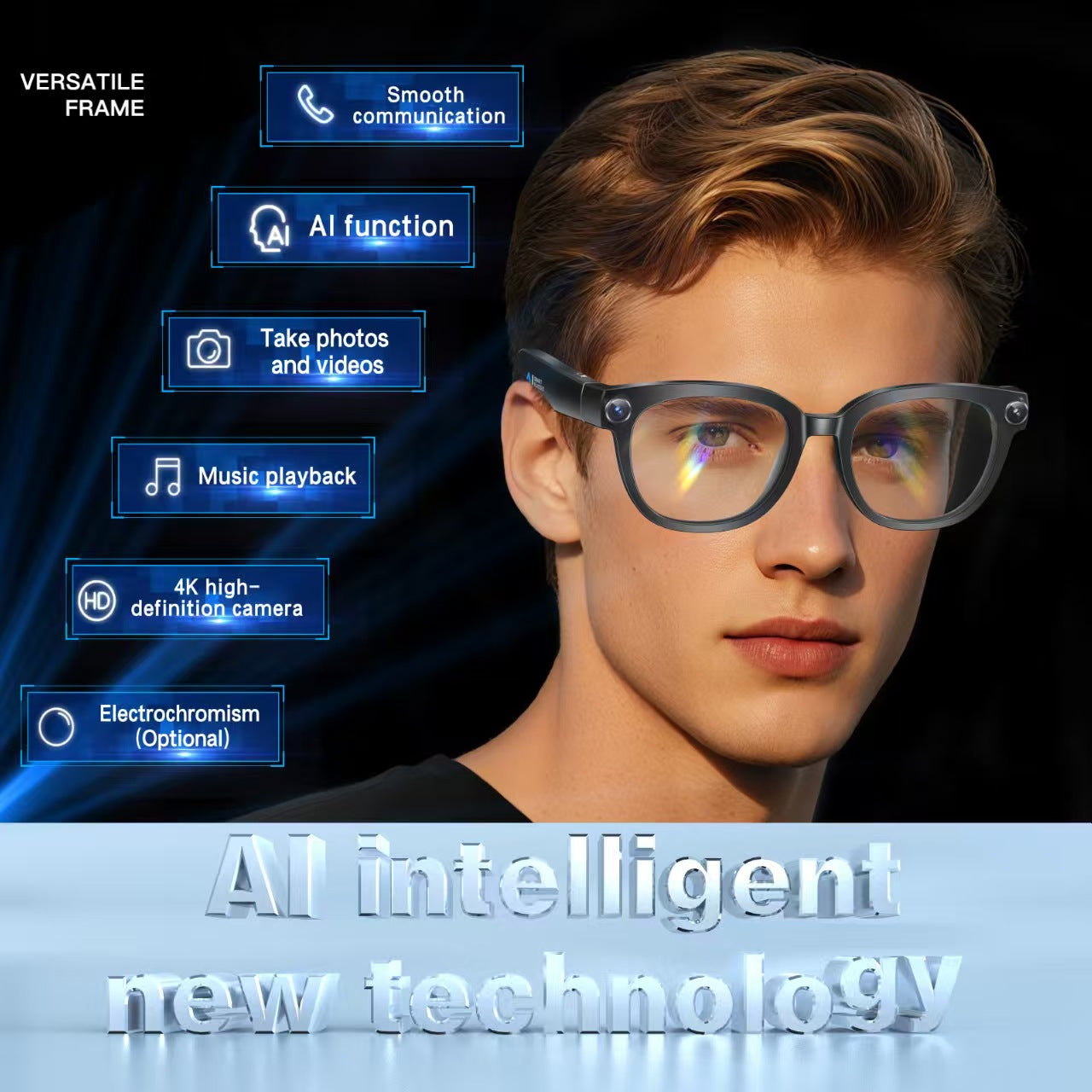 AI Translation Smart Glasses with 13MP Photochromic Lenses, Real-Time Translation, Image Stabilization for Photo/Video, Call Noise Cancellation & AI Assistant.