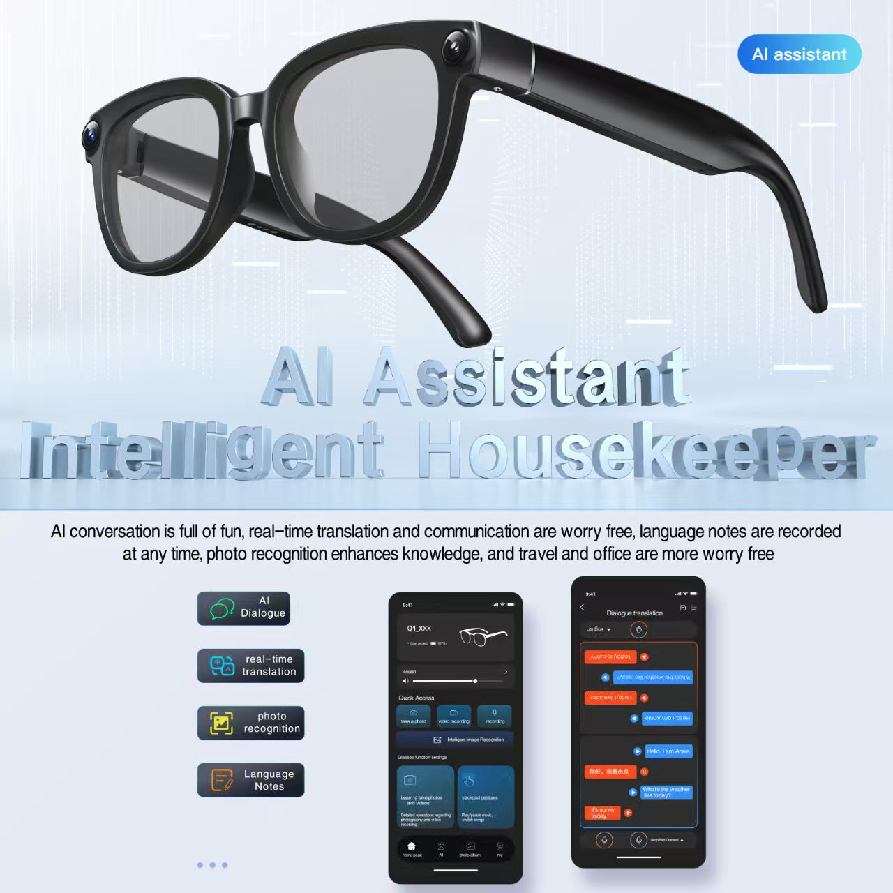 AI Translation Smart Glasses with 13MP Photochromic Lenses, Real-Time Translation, Image Stabilization for Photo/Video, Call Noise Cancellation & AI Assistant.