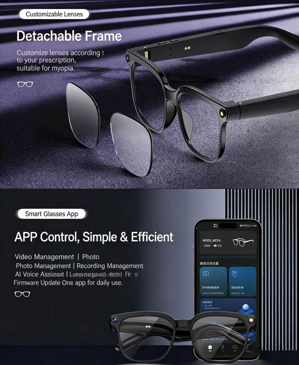 AI smart glasses with an 8MP anti-shake camera for photo/video, object recognition, and real-time translation.