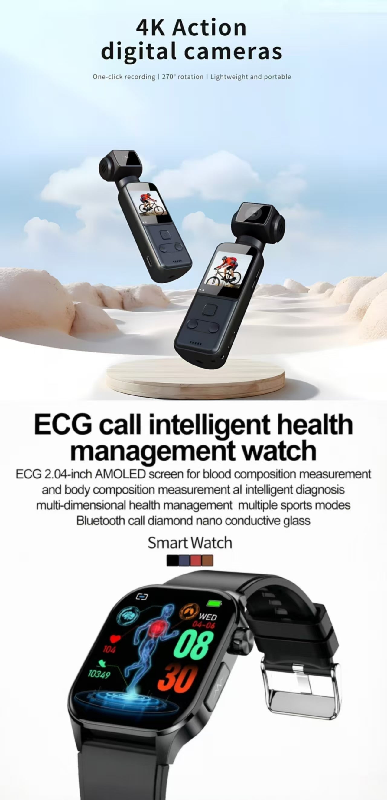ET580 Smartwatch& 4K Ultra HD Anti-Shake Pocket Camera