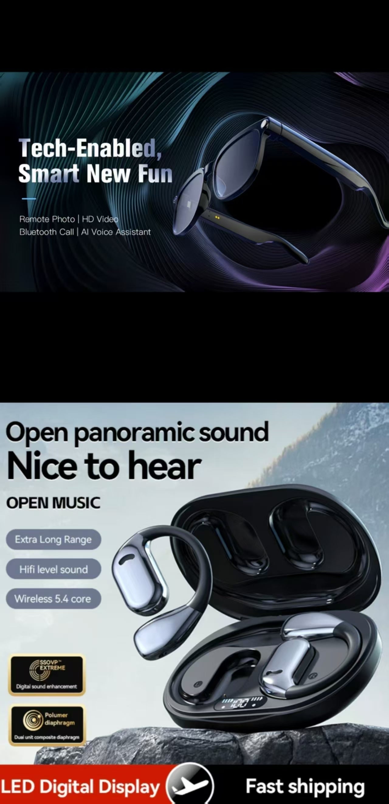 M75 AI Translation Earbuds  & AI Smart Glasses 8MP Anti-shake