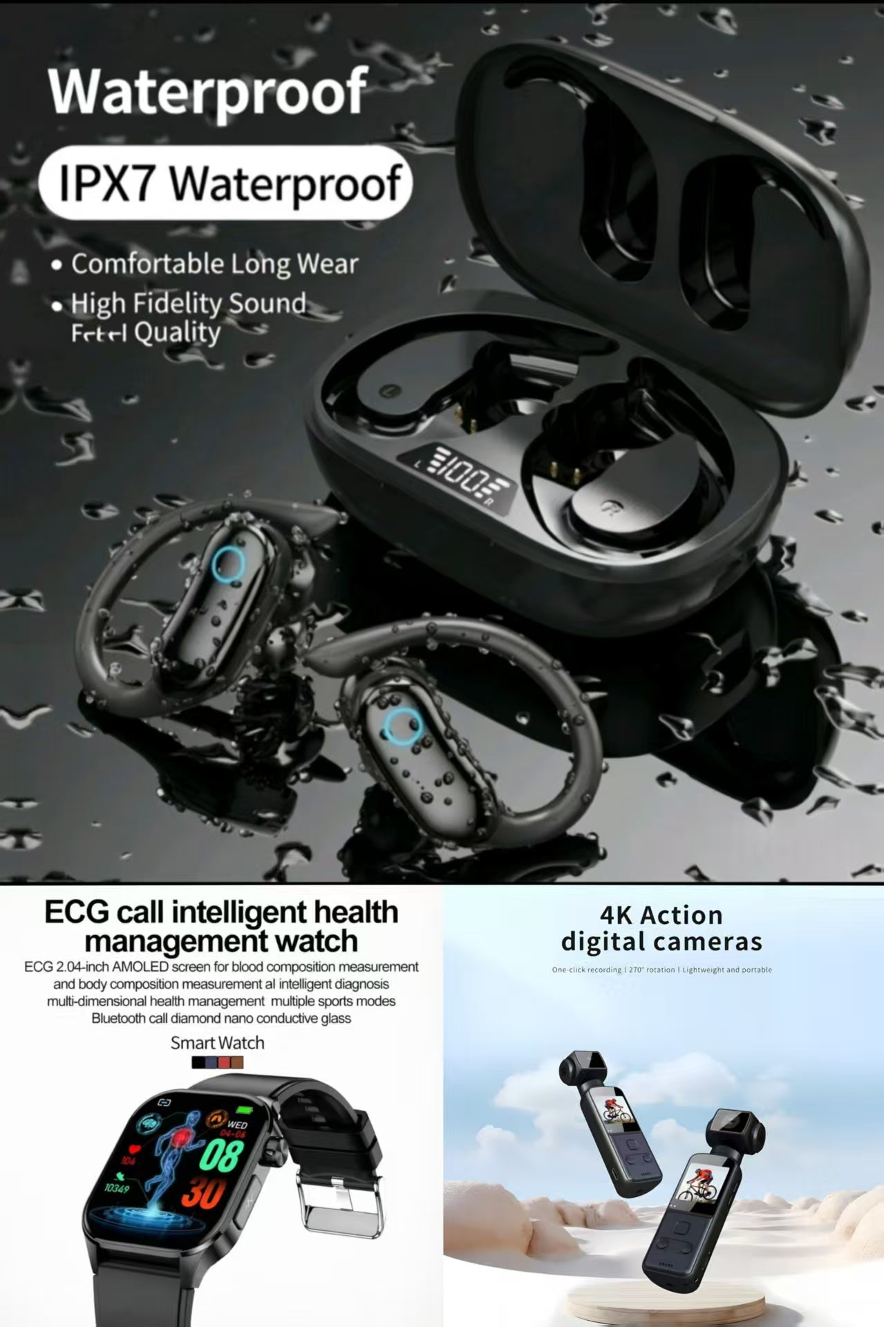 4K Ultra HD Anti-Shake Pocket Camera，ET580 Smart Watch & TWS Sports IPX7 Waterproof Bluetooth Earbuds