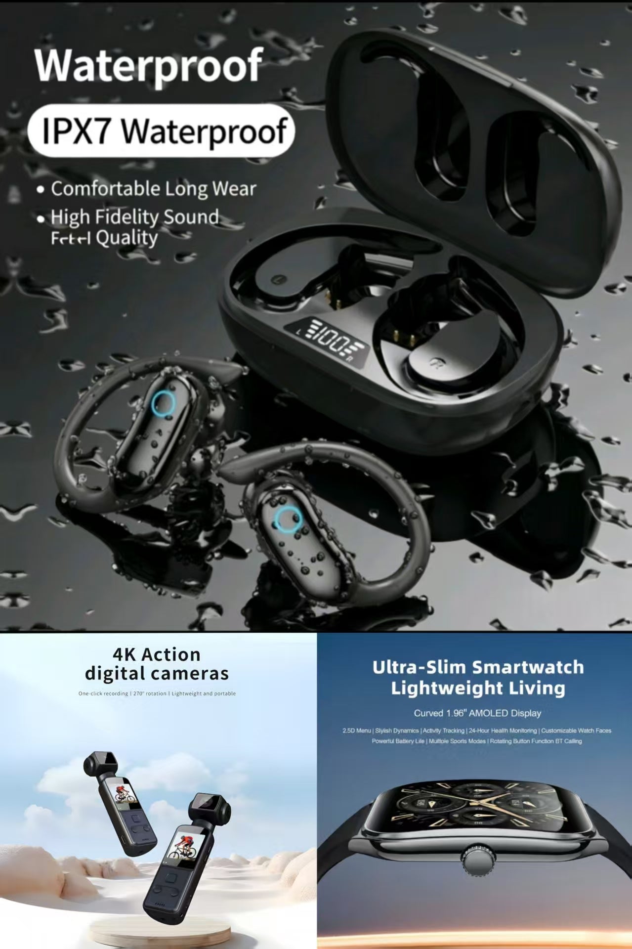 4K Ultra HD Anti-Shake Pocket Camera，MT61 Smart Watch & TWS Sports IPX7 Waterproof Bluetooth Earbuds