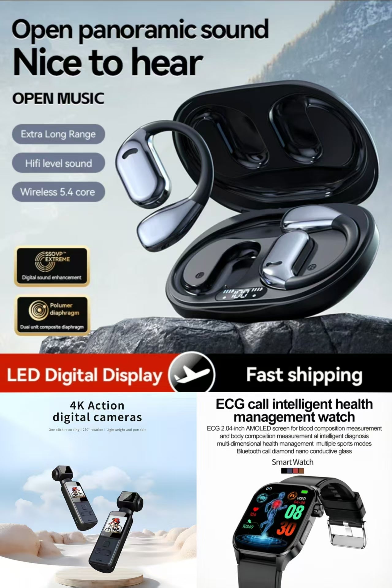 4K Ultra HD Anti-Shake Pocket Camera，MT61 Smart Watch & M75 AI Translation Earbuds