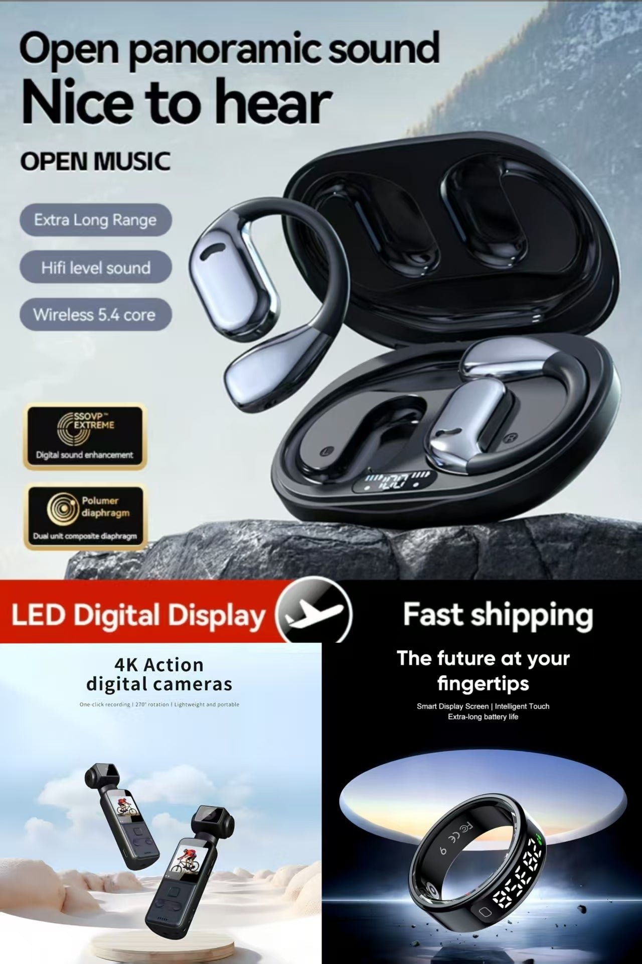 4K Ultra HD Anti-Shake Pocket Camera，R11 Sports Ring & M75 AI Translation Earbuds