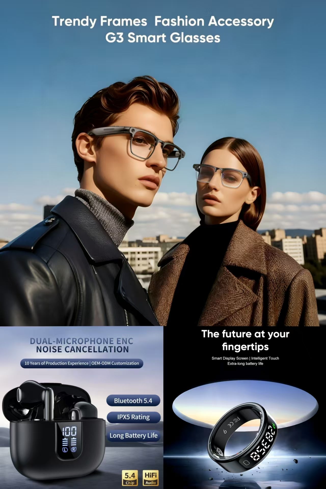 Future-Ready AI Gear: 🕶️ i-Rimless Business Smart Glasses, LED Digital Display Dual-Mic ENC TWS Bluetooth Earbuds& R11 Smart Ring