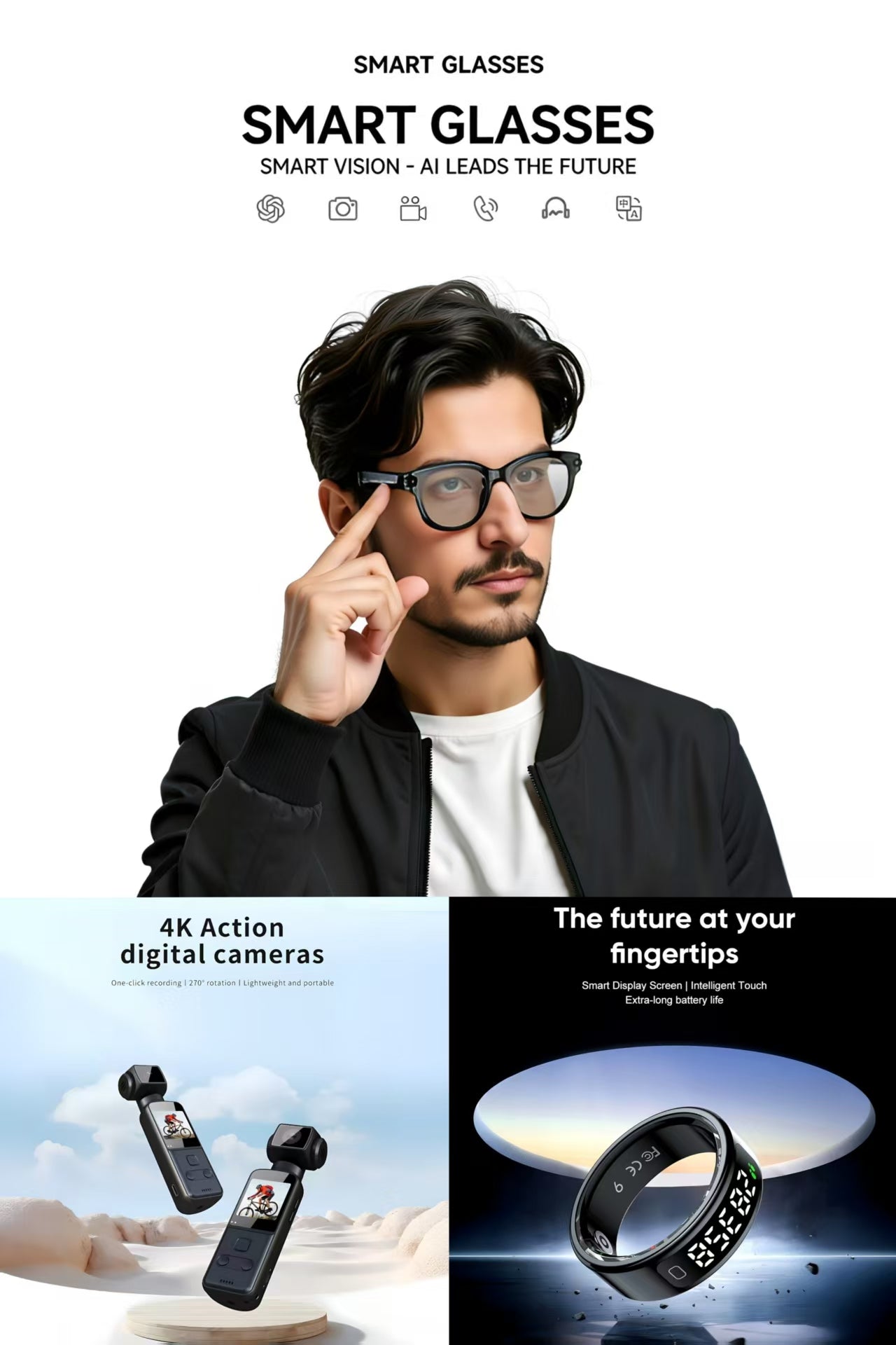 Future-Ready AI Gear: AI Smart Glasses 8MP, 4K Ultra HD Anti-Shake Pocket Camera& R11 Smart Ring