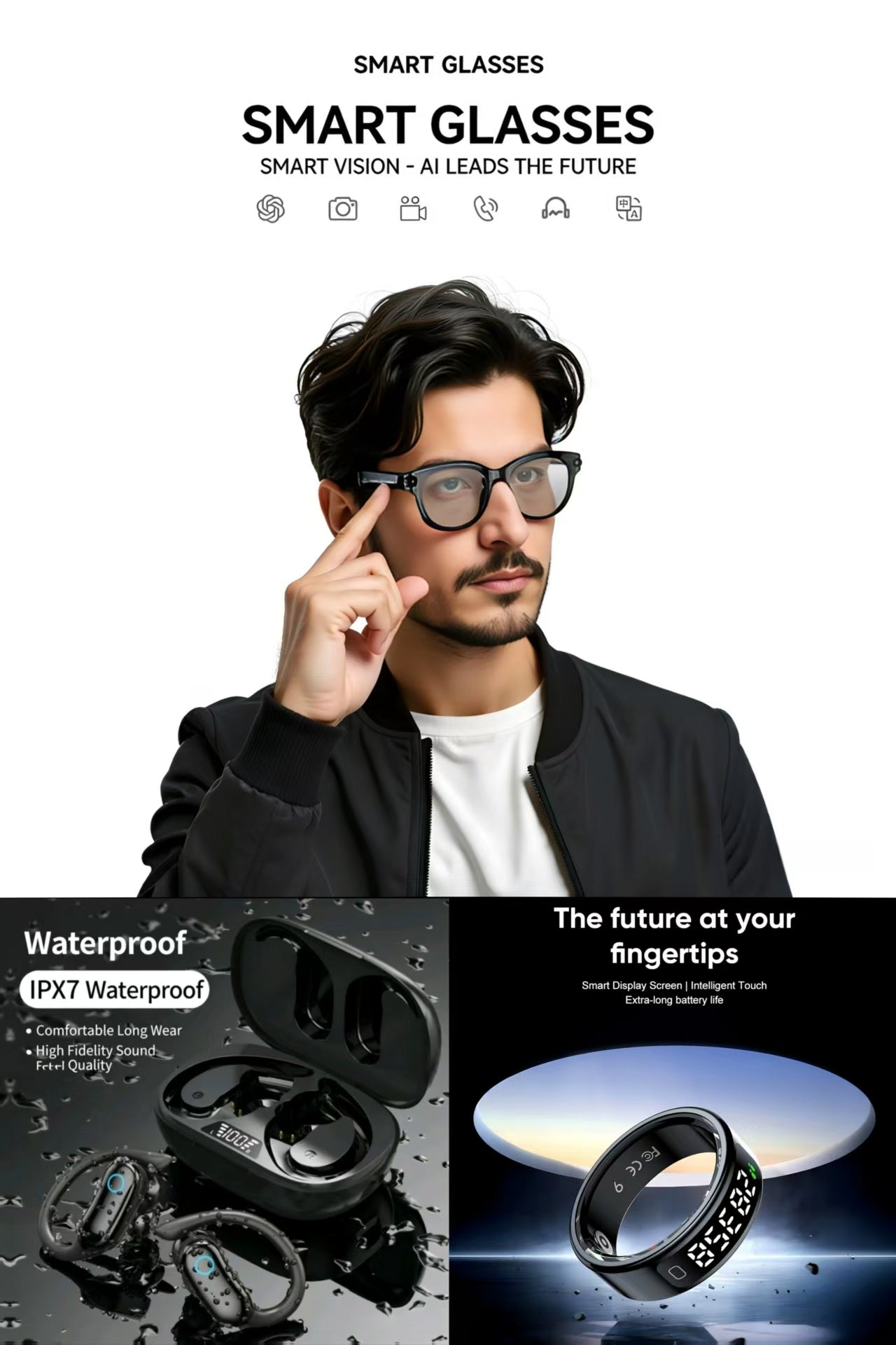 Future-Ready AI Gear: AI Smart Glasses 8MP, TWS Sports IPX7 Waterproof Bluetooth Earbuds  & R11 Smart Ring