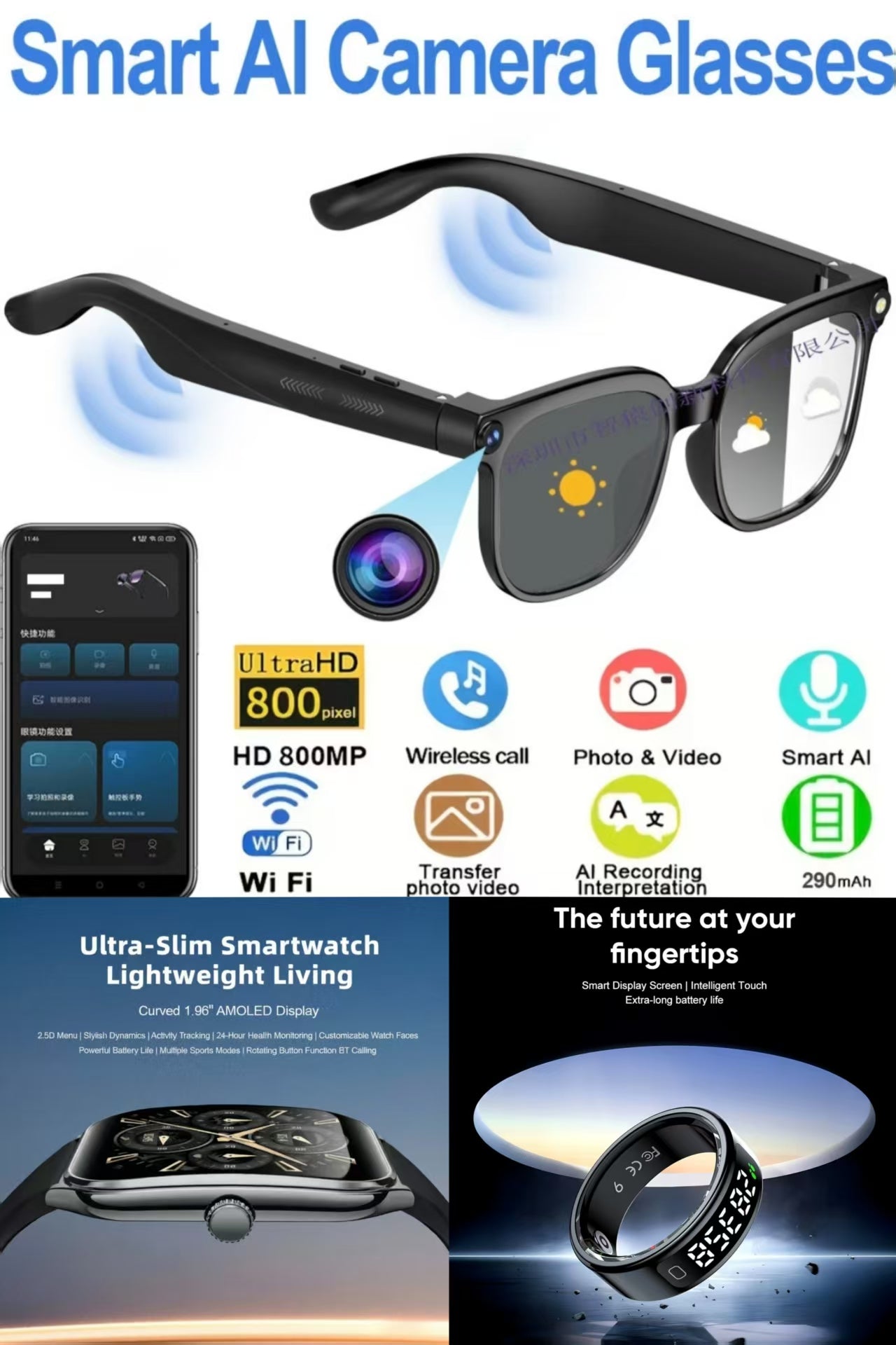 Future-Ready AI Gear: MT61 Smart Watch, 800W AI Smart Translation Glasses  & R11 Smart Ring