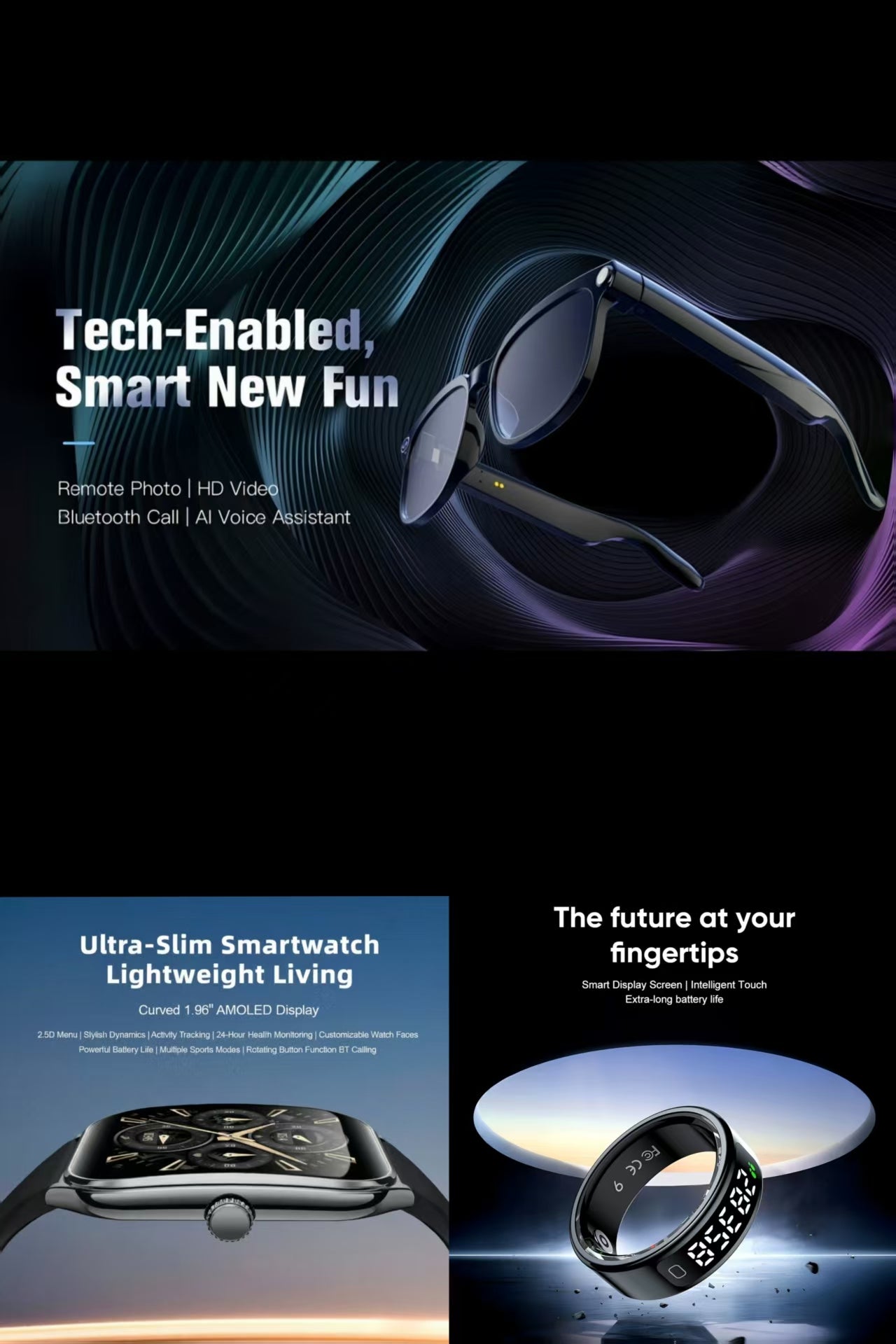 Future-Ready AI Gear: MT61 Smart Watch, Anti-Shake Glasses & R11 Smart Ring