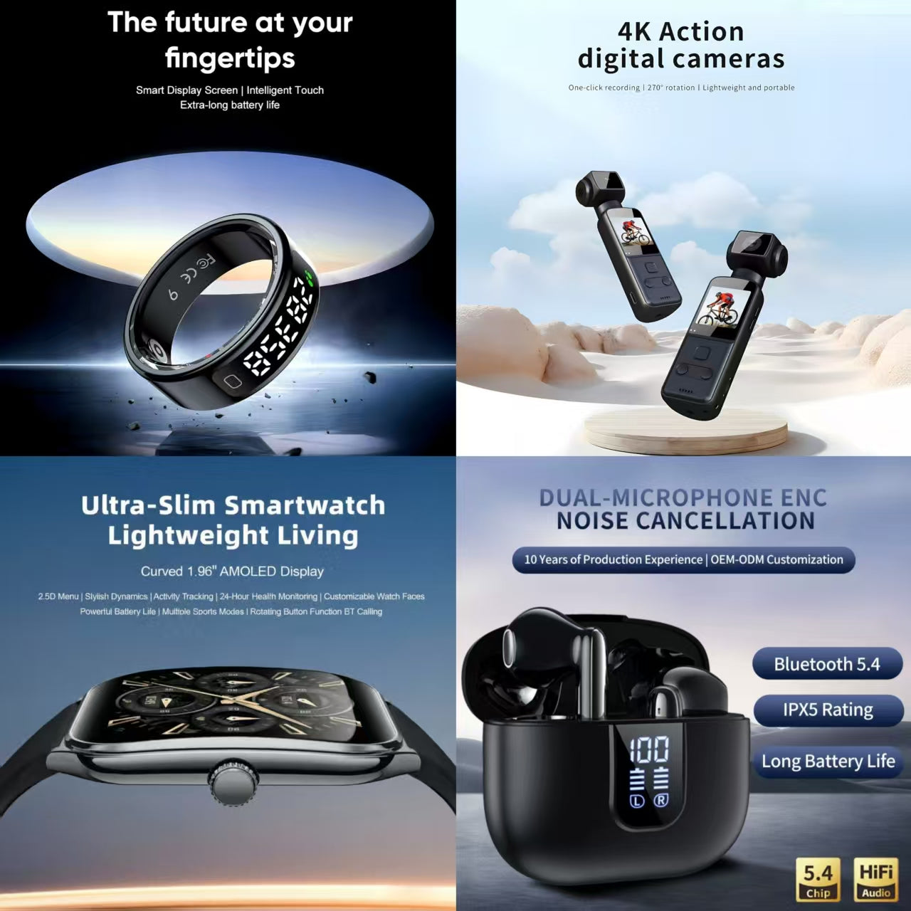 4-in-1 Smart Life Bundle: Smart Ring, Ultra-Slim Watch, 4K Action Camera & ENC Earbuds