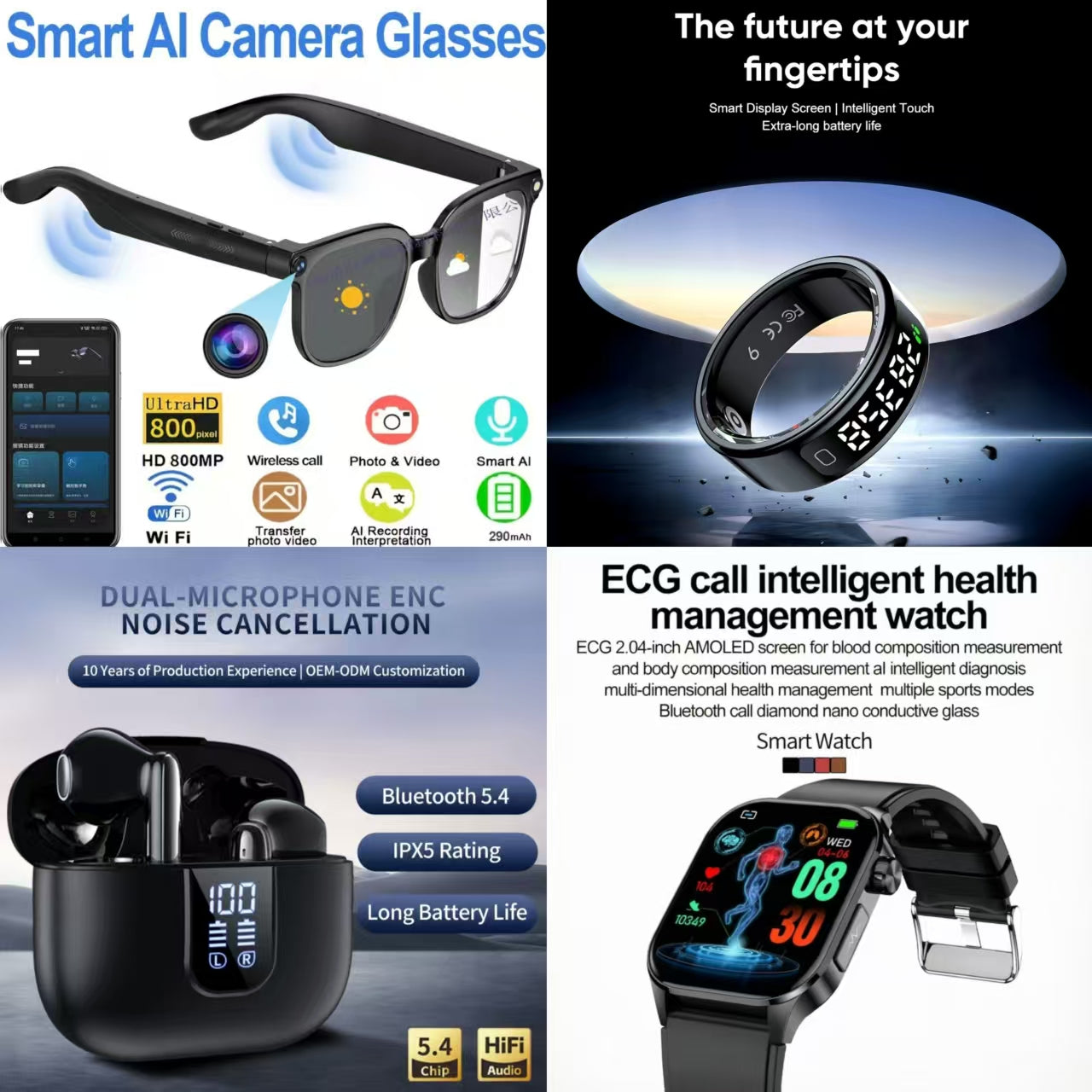 4-in-1 Ultimate Smart AI & Health Bundle: Smart AI Camera Glasses, Smart Ring, Dual-Microphone ENC Earbuds & ECG Health Watch