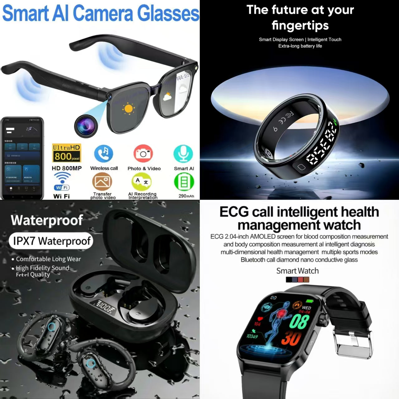 4-in-1 Ultimate Smart AI Lifestyle Bundle: Smart AI Camera Glasses, Smart Ring, Ultra-Slim Smartwatch & Open-Ear Headphones