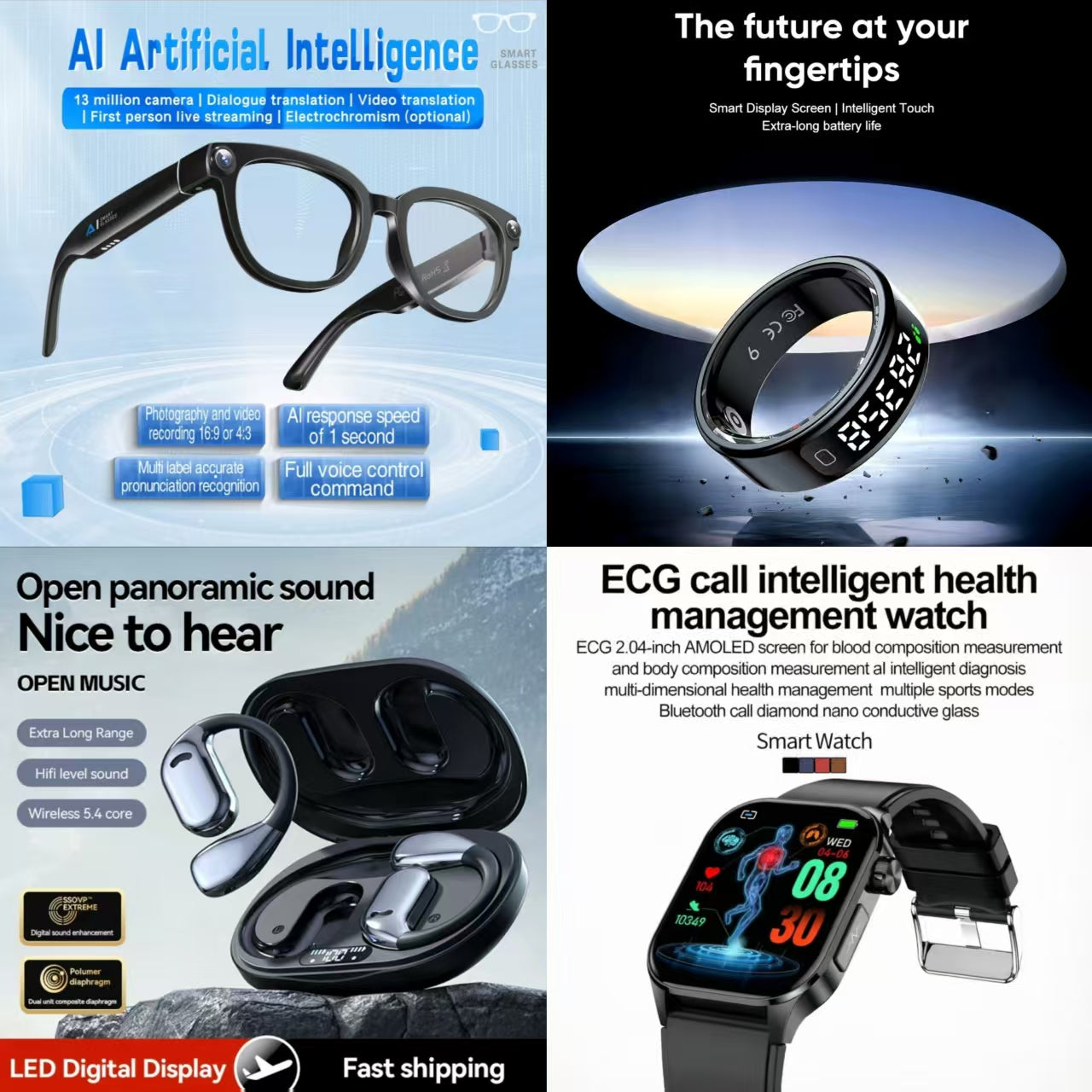 4-in-1 Ultimate Smart AI Health & Audio Bundle: AI Smart Glasses, Smart Ring, Open-Panoramic Sound Headphones & ECG Health Management Watch
