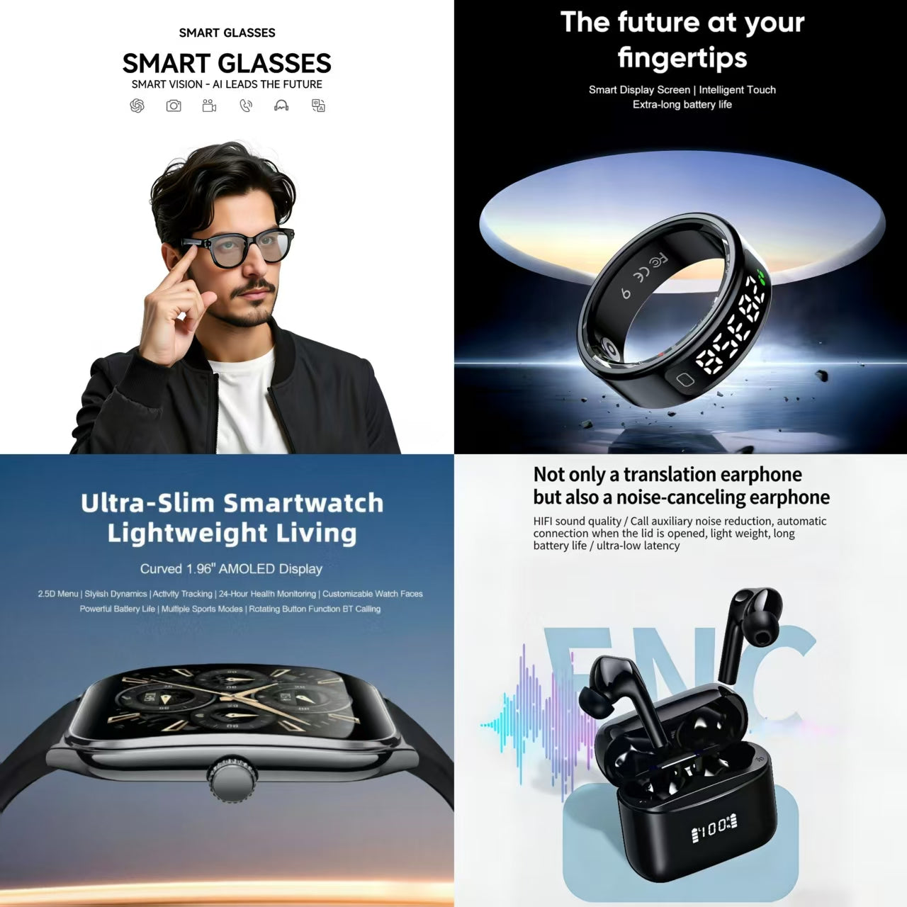 4-in-1 Smart Health & Fashion Bundle | Smart Glasses + Smart Ring + Ultra-Slim Smartwatch + ENC Noise Canceling Translation Earbuds