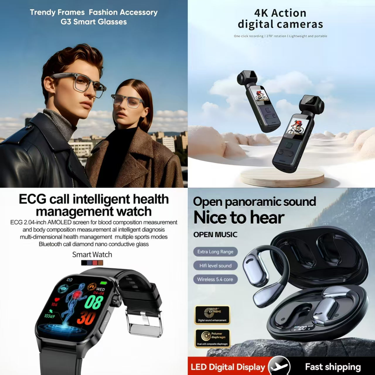 4-in-1 Smart Lifestyle Bundle | G3 Smart Glasses + 4K Action Camera + ECG Call Health Watch + Open-Ear Panoramic Sound Earbuds