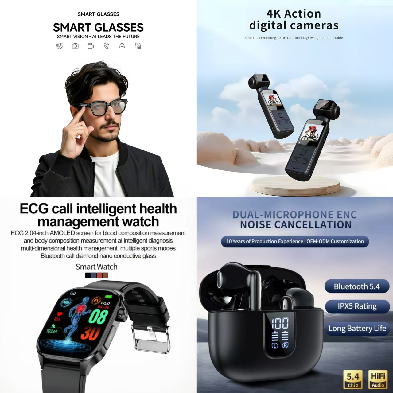 4-in-1 Smart Health & Lifestyle Bundle | Smart Glasses + 4K Action Camera + ECG Call Health Watch + Dual Mic ENC Noise Canceling Earbuds