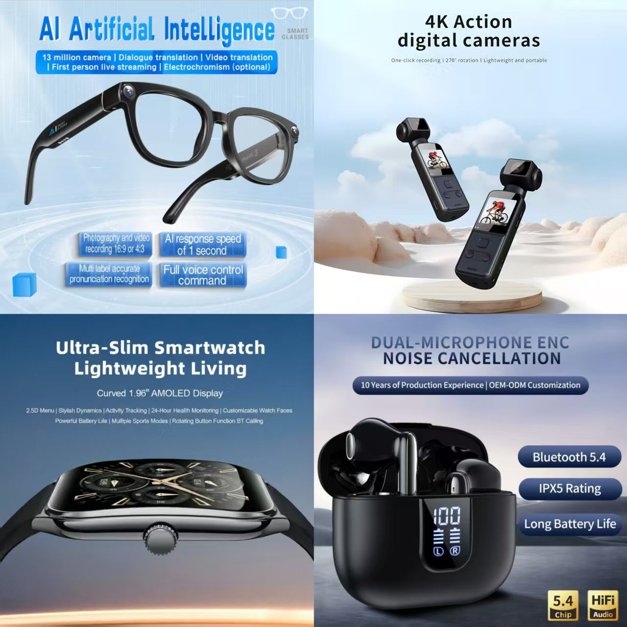 4-in-1 AI Smart Lifestyle Bundle: AI Smart Glasses + 4K Action Camera + Ultra-Slim Smartwatch + ENC Noise Canceling Earbuds