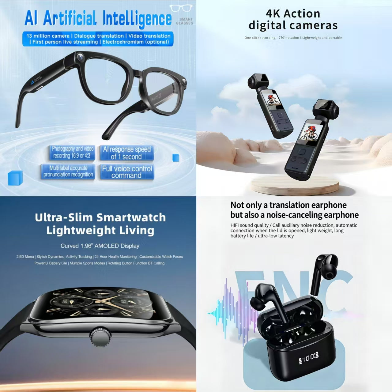4-in-1 AI Smart Lifestyle Bundle: AI Smart Glasses + 4K Action Camera + Ultra-Slim Smartwatch + ENC Noise Canceling Translation Earbuds