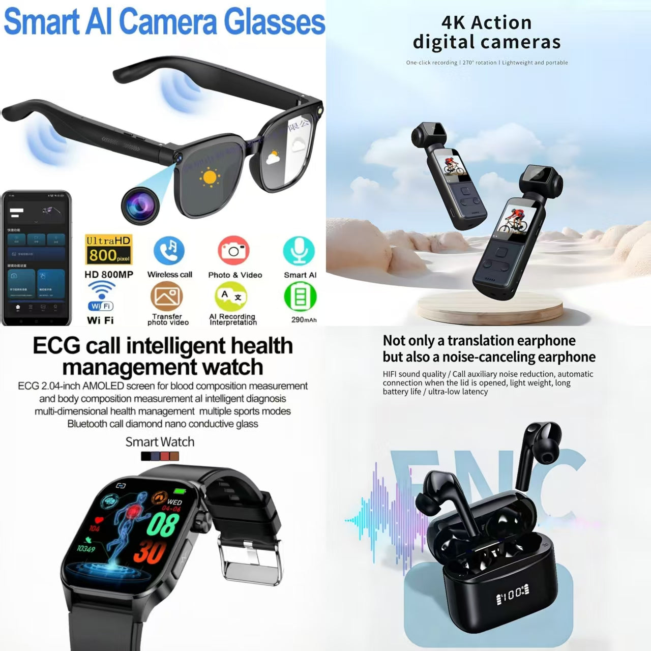 4-in-1 Smart AI Tech Bundle: AI Camera Glasses + 4K Action Camera + ECG Call Health Watch + ENC Noise Canceling Translation Earbuds