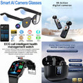 4-in-1 Smart AI Tech Bundle: AI Camera Glasses + 4K Action Camera + ECG Call Health Watch + ENC Noise Canceling Earbuds