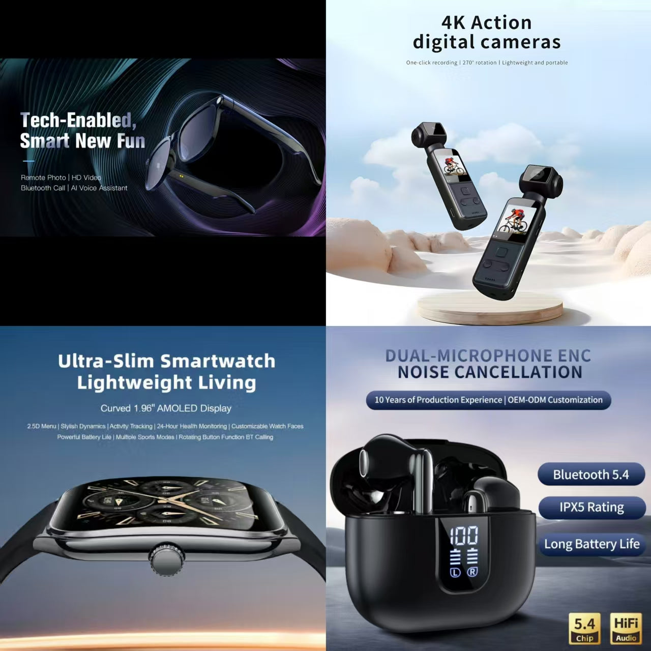 4-in-1 Tech-Enabled Smart Lifestyle Bundle: Smart Glasses + 4K Action Camera + Ultra-Slim Smartwatch + ENC Noise Canceling Earbuds