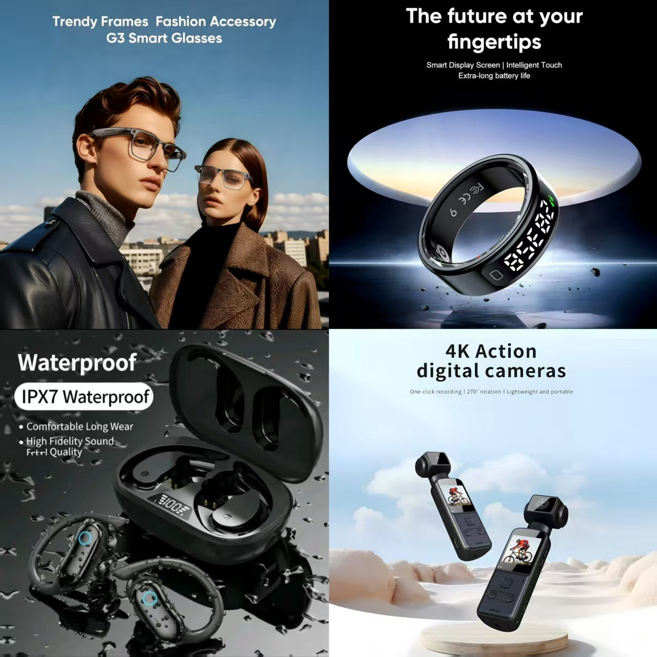 4-in-1 Smart Fashion & Tech Bundle: G3 Smart Glasses + IPX7 Waterproof Earbuds + 4K Action Camera + Smart Ring (Future at Your Fingertips)