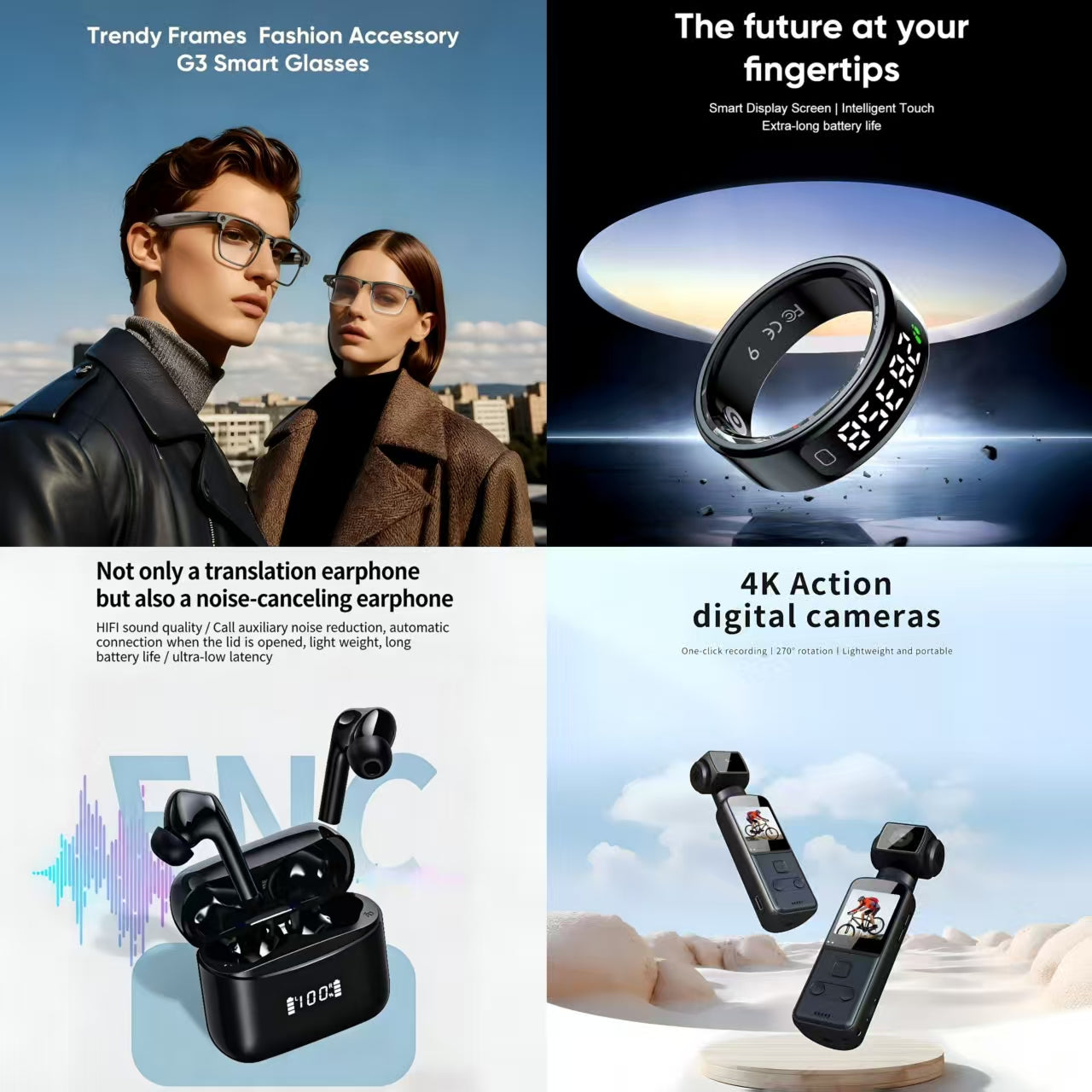 4-in-1 Smart Fashion & Global Tech Bundle: G3 Smart Glasses + Smart Ring + ENC Noise Canceling Translation Earbuds + 4K Action Camera (Future at Your Fingertips)
