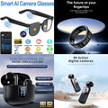 4-in-1 Smart AI Tech & Audio Bundle: Smart AI Camera Glasses + 4K Action Camera + ENC Noise Canceling Earbuds + Smart Ring (Future at Your Fingertips)