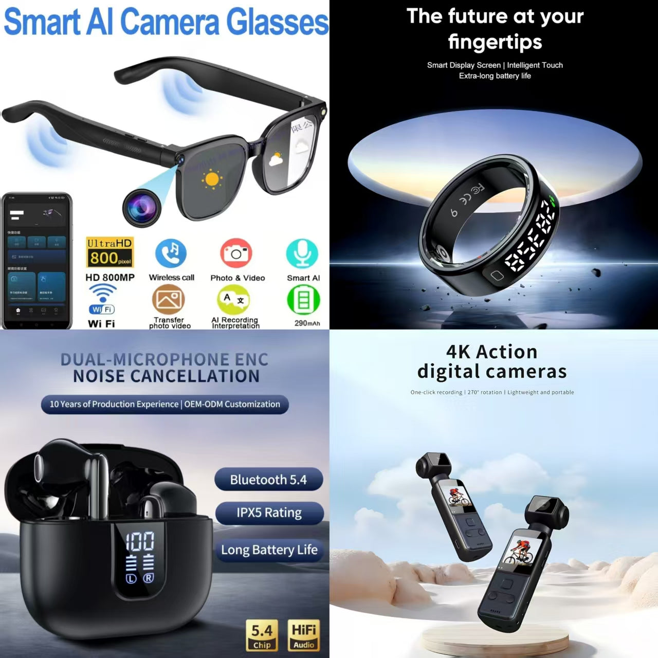 4-in-1 Smart AI Tech & Audio Bundle: Smart AI Camera Glasses + 4K Action Camera + ENC Noise Canceling Earbuds + Smart Ring (Future at Your Fingertips)