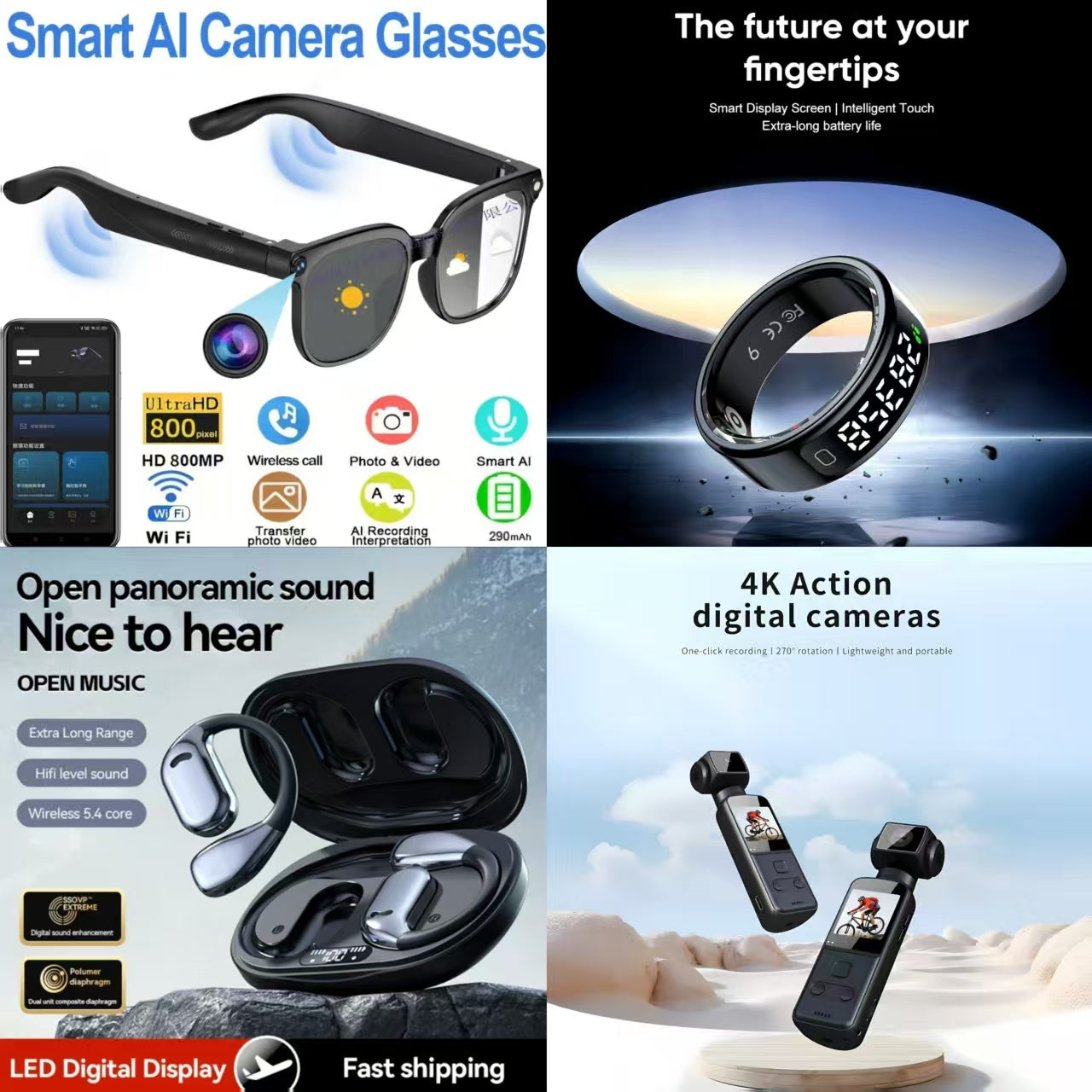 4-in-1 Smart AI Tech & Audio Bundle: Smart AI Camera Glasses + 4K Action Camera + Open-Panoramic Sound Earbuds + Smart Ring (Future at Your Fingertips)